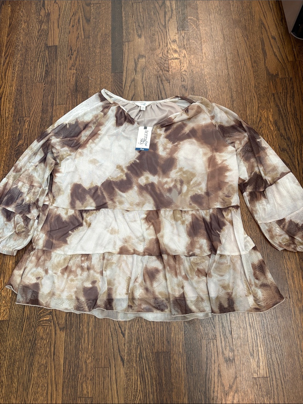 Terra & Sky Brown and Cream Tiered Tie-Dye Blouse